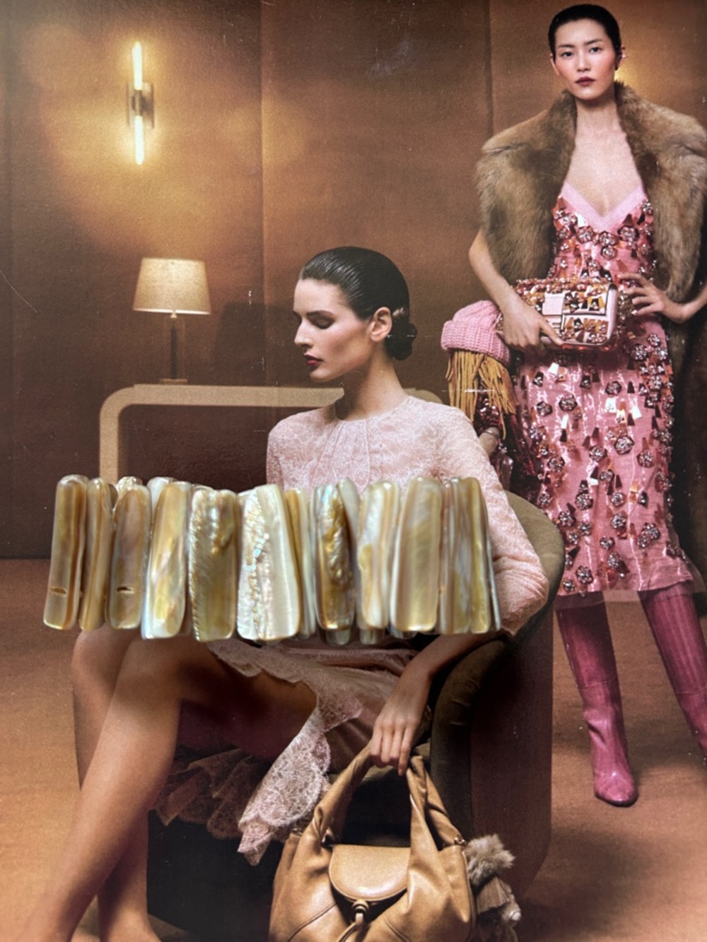 Vintage Mother-of-Pearl Stick  stretch Bracelet in Cream and Gold Tones